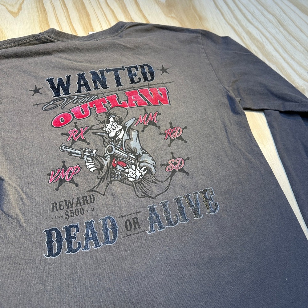 Gildan Mens Small Gray Wanted Outlaw Skeleton Graphic Long Sleeve T-Shirt